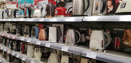 Russia, St. Petersburg 16,12,2018 Various type of electrical Kettle and Coffee Maker display for...
