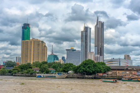 Bangkok.Thailand - 20,08,2018 :Bangkok City with Sunset sky and Chao praya river.bangkok Thailand