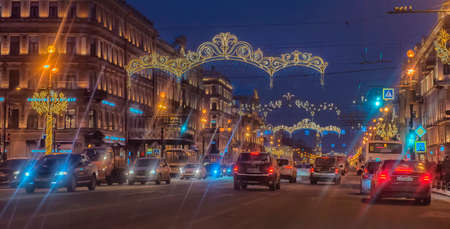 Russia, St. Petersburg 07,01,2019 Nevsky Prospect at night with Christmas decorationsのeditorial素材