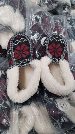 Finland, Lappeenranta 27,01,2019 Warm winter home shoes in the storeのeditorial素材