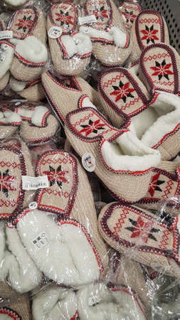Finland, Lappeenranta 27,01,2019 Warm winter home shoes in the storeのeditorial素材