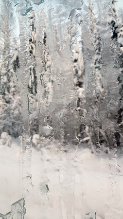 ice on the window and the winter landscape behind the glass