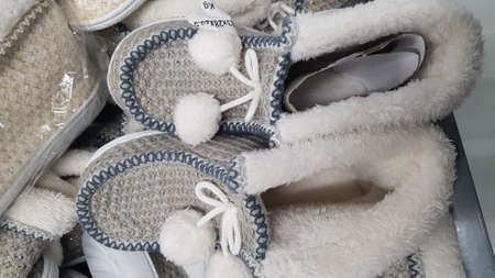 Finland, Lappeenranta 27,01,2019 Warm winter home shoes in the storeのeditorial素材