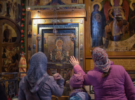 Russia, Velikiy Novgorod 01.05.2015 Parishioners and Russia interior of Saint Sophia Cathedral