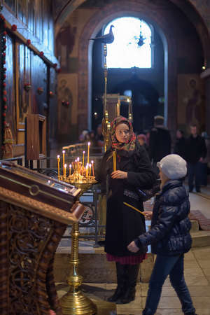 Russia, Velikiy Novgorod 01.05.2015 Parishioners and Russia interior of Saint Sophia Cathedralのeditorial素材