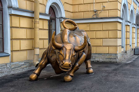 Russia, St. Petersburg 17,03,2019 Bull sculpture on a city streetのeditorial素材