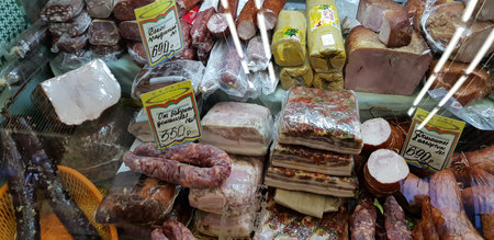 Russia, St. Petersburg 08,03,2019 Meat delicacies on sale in the marketのeditorial素材