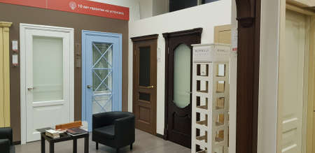 Russia, St. Petersburg 22,12,2018 Interior doors for sale in a specialized storeのeditorial素材
