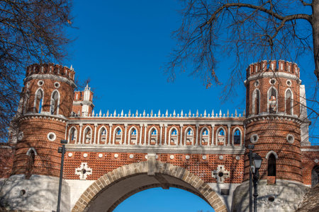 Moscow  Russia:05.04.2019  Tsaritsyno Museum-reserve in spring - Shaped bridge, view from Palace