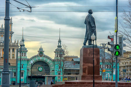 Russia, Moscow 05.04,2019 Belorussky railway station and the square in front of itのeditorial素材