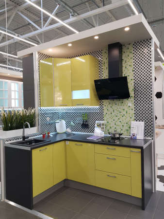 Russia, St. Petersburg 21,04,2019 Beautiful modern kitchens in the furniture storeのeditorial素材