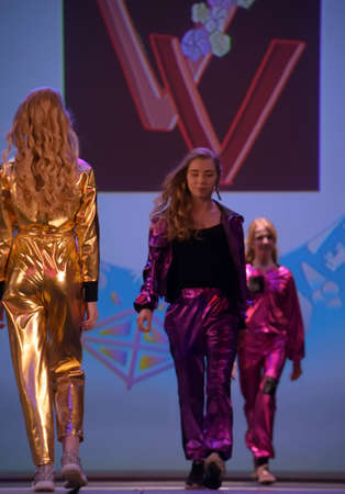 Russia, St. Petersburg 01,06,2019 Children in bright shiny costumes, fashion show. Charitable XVII Festival of Children's Creativity "Childhood is a bright planet" 2019のeditorial素材