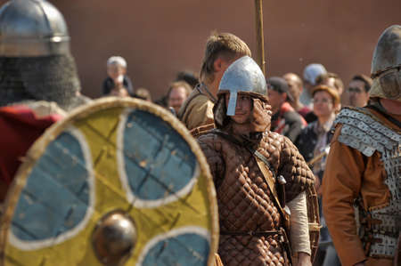 Russia, St. Petersburg 29.07.2016 Historical reconstruction of the Legends of the Norse Vikings. Russian reenactors with shieldsのeditorial素材