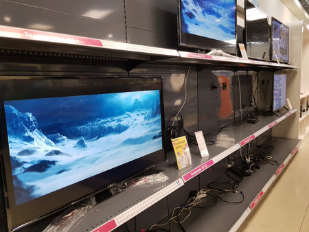Russia, St. Petersburg 05/03/2019 TVs for sale in the electronics store