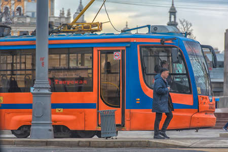 Russia, Moscow 07,08,2019 Orange tram on a Moscow streetのeditorial素材