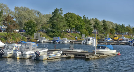 Finland, Kotka 17,08,2019 Sailing yachts and pleasure motorboats are moored in marina of Kotkaのeditorial素材