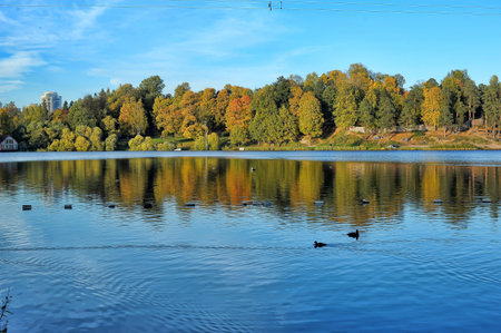 lake in autumn, blue sky and reflection