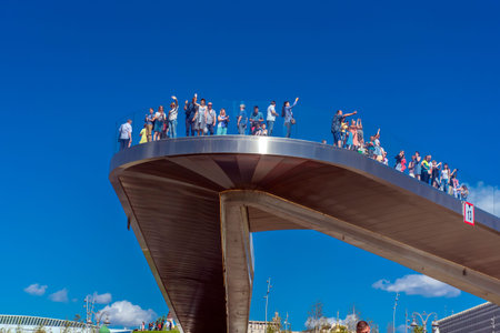 Russia, Moscow 14.08.2018 Floating bridge in Zaryadye Park in Moscow, Russia. Zaryadye is one of the...