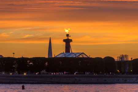 Russia, St. Petersburg 22.06.2018 Lights on the Raster columns on holidaysのeditorial素材