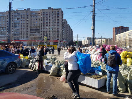 Russia, St. Petersburg 04.06.2019 Separate waste collection, activists and volunteers for shares for separate collectionのeditorial素材