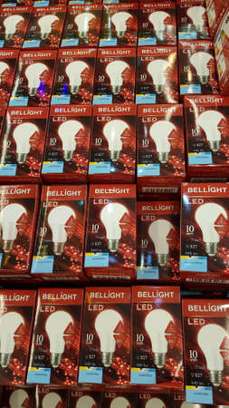 Russia, St. Petersburg 22,11,2019 Energy-saving light bulbs in a hardware storeのeditorial素材