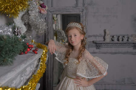 a girl in a lace white dress with a diadem in her hair, a young aristocrat, a ball gownの写真素材