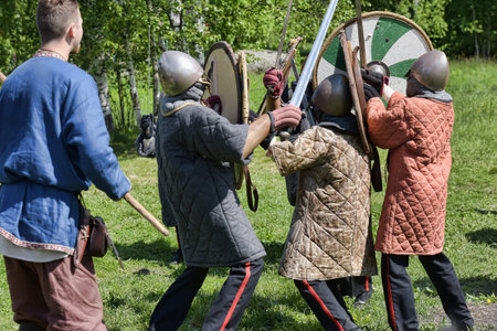 Russia, St. Petersburg 24,05,2017 Children fight with swords at the festival of medieval culture...