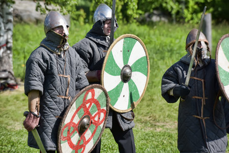 Russia, St. Petersburg 24,05,2017 Children fight with swords at the festival of medieval culture...