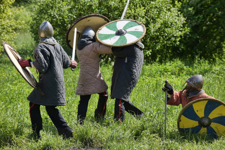 Russia, St. Petersburg 24,05,2017 Children fight with swords at the festival of medieval culture...