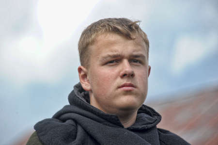Russia, Priozersk 06.07.2014 Portrait of a man in a medieval costume at the festival of historical reconstruction "Russian Fortress"のeditorial素材
