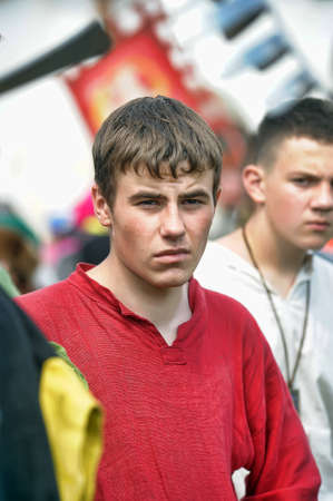 Russia, Priozersk 06.07.2014 Portrait of a man in a medieval costume at the festival of historical reconstruction "Russian Fortress"のeditorial素材