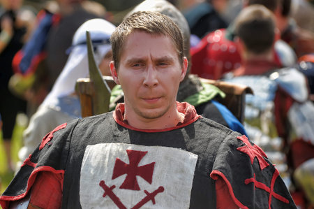 Russia, Priozersk 06.07.2014 Portrait of a man in a medieval costume at the festival of historical...