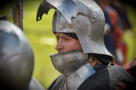 Russia, Priozersk 06.07.2014 Portrait of a man in a medieval costume at the festival of historical...