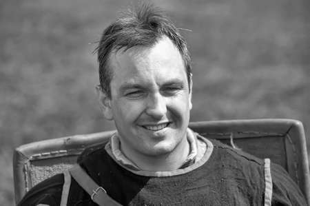 Russia, Priozersk 06.07.2014 Portrait of a man in a medieval costume at the festival of historical reconstruction "Russian Fortress"のeditorial素材