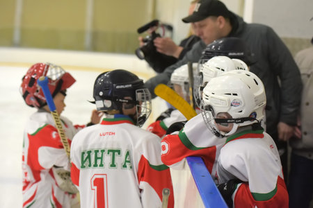 Russia, St. Petersburg 28,05,2019 Children playing hockey at the open tournament for children's...