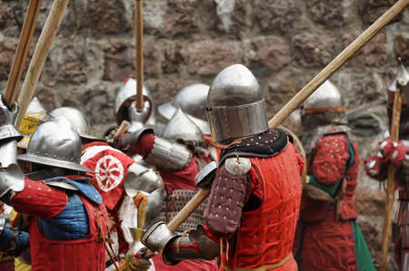 Russia, Priozersk 06.07.2014 Knights in the medieval battle at the Russian Fortress festival of historical reconstructionのeditorial素材