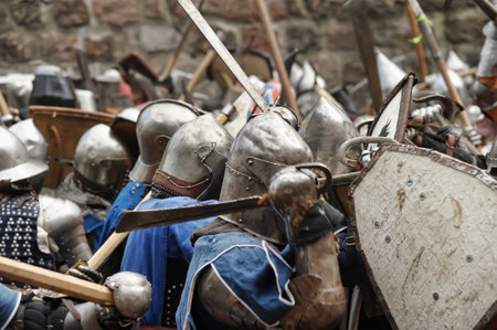 Russia, Priozersk 06.07.2014 Knights in the medieval battle at the Russian Fortress festival of...