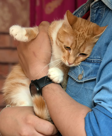 red cat clinging to the owner in his arms