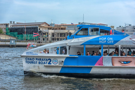 Thailand, Bangkok, 06.07,2019 Boat in chaopaya river.Passengers on the shuttle boat
