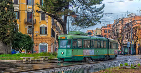 Italy, Rome 01.01,2018 Green tram in the streets of Romeのeditorial素材