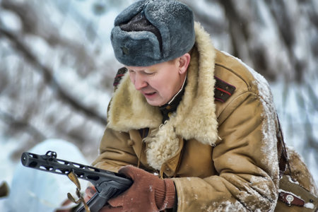 LENINGRAD REGION, RUSSIA - January 22, 2012: Soviet soldiers of World War II. Military-historical...