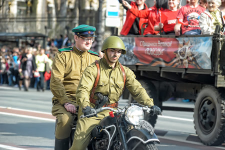 Russia, St. Petersburg 09,05,2013 People in the form of World War II at the Victory Parade.