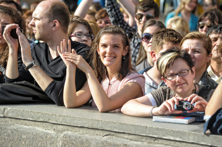 Russia, St. Petersburg 09,05,2013 Happy spectators at the WWII victory parade