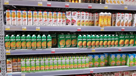 Russia, St. Petersburg 14.03.2020 Juice on a shelf in a supermarketのeditorial素材
