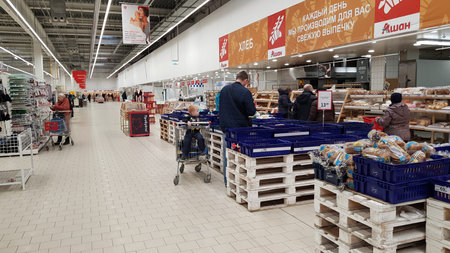 Russia, St. Petersburg 15.03.2020 Few customers in the supermarket due to coronovirus