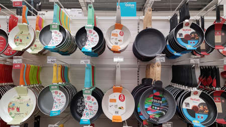Russia, St. Petersburg 19.03.2020 Pans in the supermarketのeditorial素材