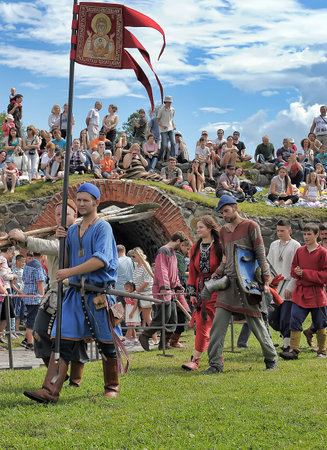 Russia, Vyborg, 30,07,2011 People in medieval clothes at the Festival of the historical reconstruction of the Middle Ages "Vyborg Castle"のeditorial素材