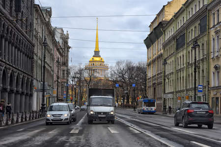 Russia, St. Petersburg 01.04,, 2020 An empty street in the city center during the coronavirus epidemic. Self-isolation of the populationのeditorial素材