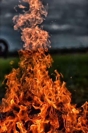bonfire and flames against a dark sky in the fieldの写真素材