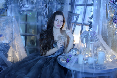 Beautiful long haired brunette in gorgeous blue with silver dressの写真素材